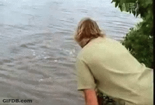 Man In Green Shirt Standing In Water Looking At Shark GIF