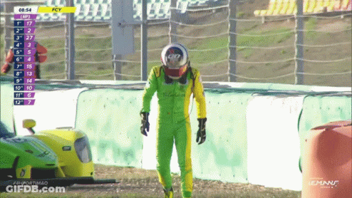 Man In Green Suit And Helmet With Yellow Car Number 7 GIF