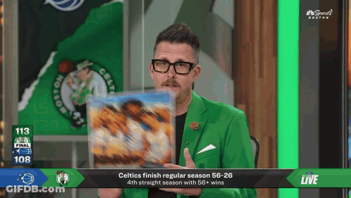 Man In Green Suit Holding Box Celtics Finish Regular Season 56-26 4Th Straight Season With 56+ W GIF