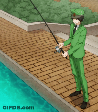 Man In Green Suit Holding Fishing Pole GIF