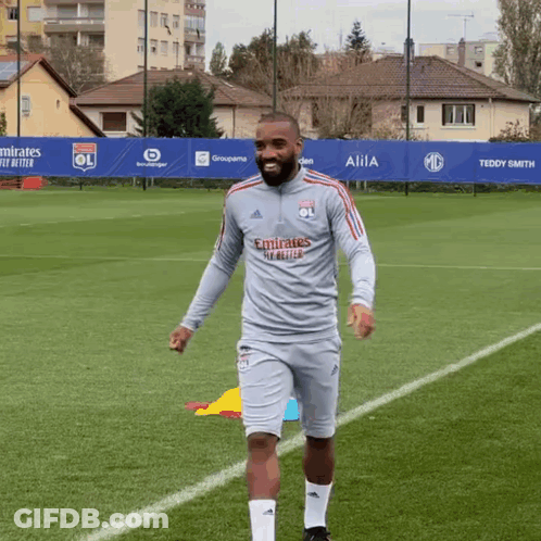 Man In Grey Emirates Jersey On Soccer Field GIF