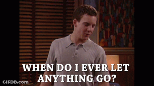 Man In Grey Shirt Asking When Do I Ever Let Anything Go GIF