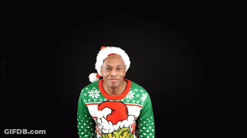 Man In Grinch Christmas Sweater And Santa Hat GIF