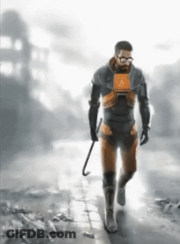 Man In Half-Life Costume Walking Down Street GIF