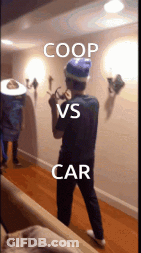 Man In Hallway Coop Vs Car GIF