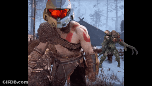Man In Halo Helmet Next To Zombie GIF