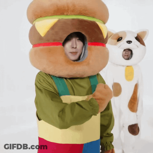 Man In Hamburger Costume And Cat GIF