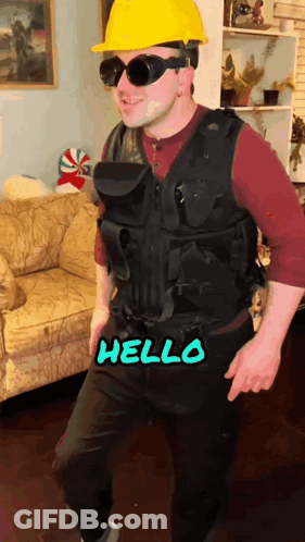 Man In Hard Hat And Goggles Dancing Hello GIF