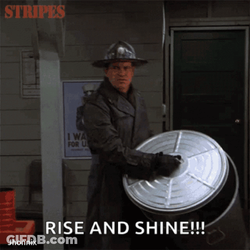 Man In Hard Hat Holding Trash Can Saying Rise And Shine GIF
