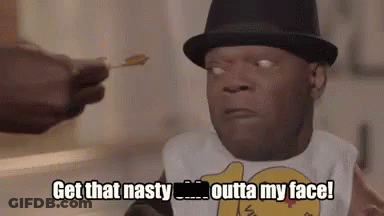 Man In Hat And Bib Saying Get That Nasty Outta My Face GIF