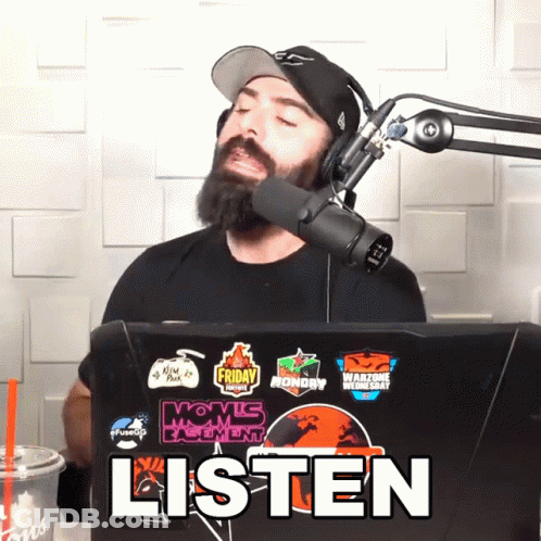 Man In Hat And Headphones In Front Of Microphone With Listen GIF