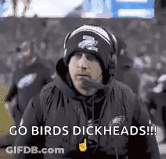 Man In Hat And Headphones On Football Field Saying Go Birds Dickheads GIF