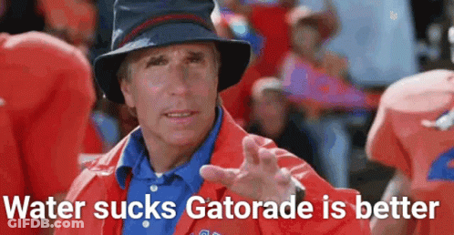 Man In Hat And Orange Jacket Saying Water Sucks Gatorade Is Better GIF