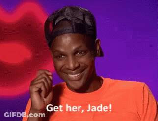 Man In Hat And Orange Shirt Saying Get Her Jade GIF