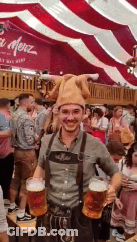 Man In Hat And Overalls Holding Two Beer Mugs GIF