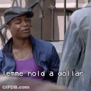 Man In Hat And Purple Shirt Talking To Another Man Holding Dollar GIF