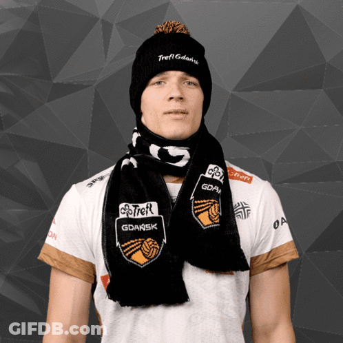 Man In Hat And Scarf Saying Gdansk GIF