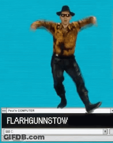 Man In Hat And Sunglasses Dancing At Paul's Computer GIF
