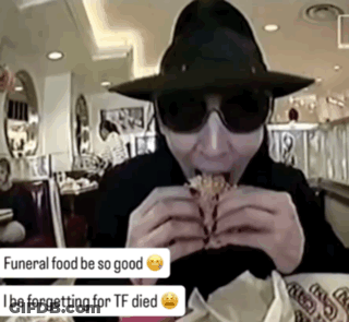 Man In Hat And Sunglasses Eating Sandwich Funeral Food Be So Good GIF