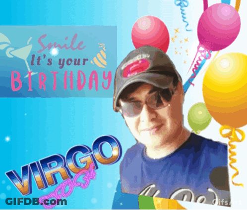 Man In Hat And Sunglasses Smiling In Front Of Balloons And Smile It's Your Birthday Sign GIF