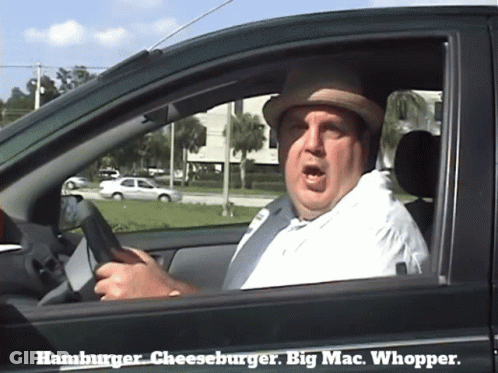 Man In Hat Driving Car Hamburger Cheeseburger Big Mac Whopper GIF