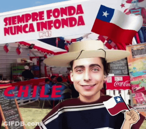 Man In Hat Holding Flag In Front Of Chile Sign GIF