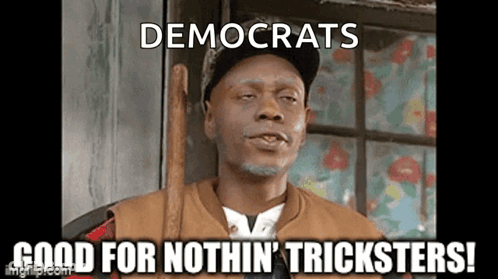Man In Hat Holding Stick Says Democrats Good For Nothin Tricksters GIF