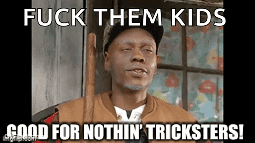 Man In Hat Holding Stick Says Fuck Them Kids Good For Nothin Tricksters GIF