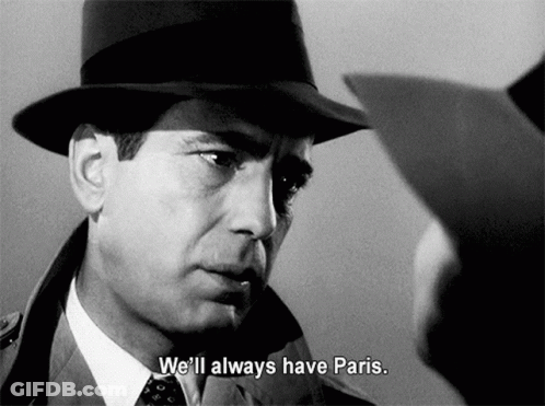 Man In Hat Says We'll Always Have Paris Black And White GIF