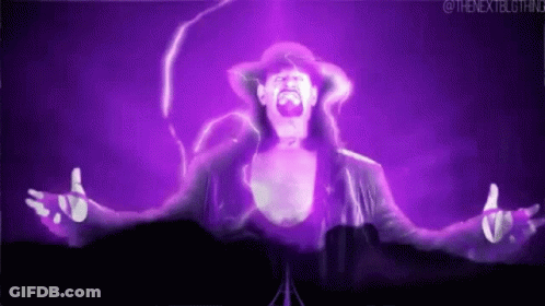 Man In Hat Standing Before Purple Lightning GIF
