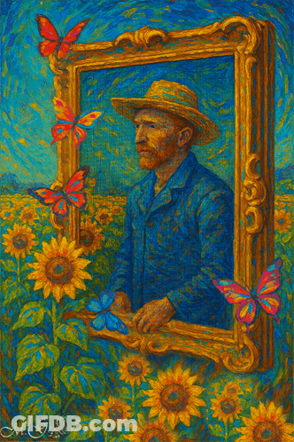 Man In Hat Surrounded By Sunflowers And Butterflies GIF