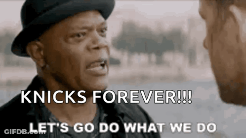 Man In Hat Talking To Another Saying Knicks Forever Let's Go Do What We Do GIF