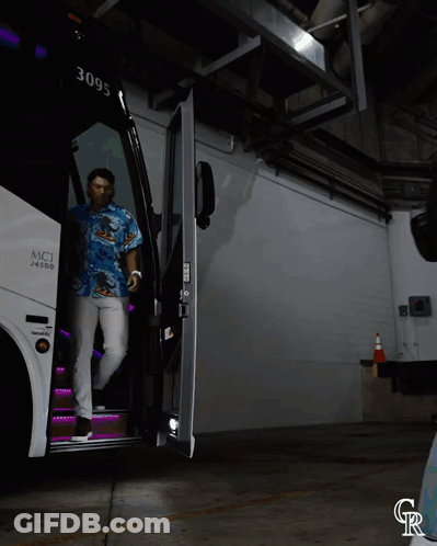 Man In Hawaiian Shirt Getting Off MCI 24000 Bus GIF