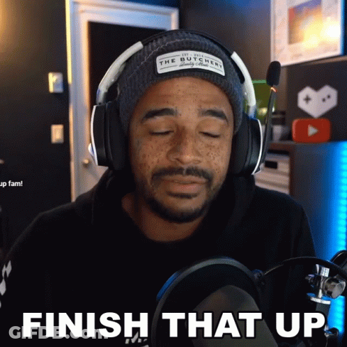 Man In Headphones And Beanie Says Finish That Up GIF