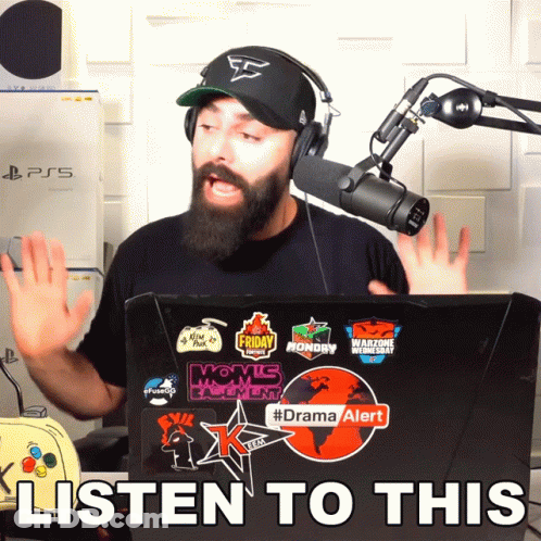 Man In Headphones And Hat Saying Listen To This GIF