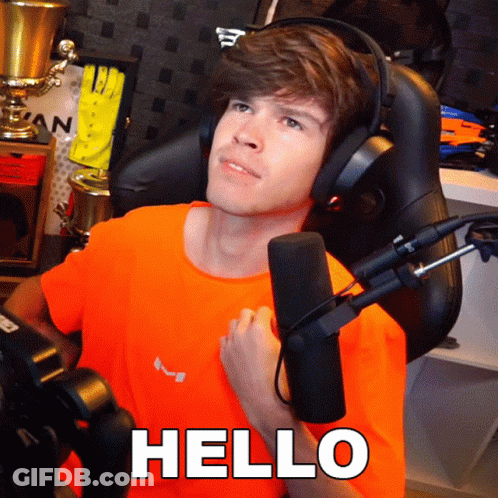 Man In Headphones And Orange Shirt Saying Hello GIF