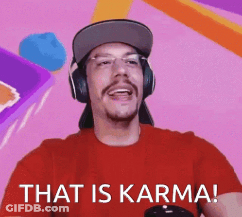 Man In Headphones And Red Shirt Says That Is Karma GIF