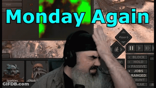 Man In Headphones Holding Head In Front Of Monday Again Screen GIF