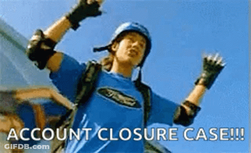 Man In Helmet And Knee Pads Holding Arms Up Account Closure Case GIF