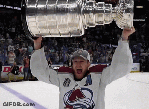 Man In Hockey Jersey Holding Trophy GIF