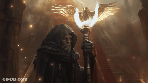 Man In Hood Holding Torch In Front Of Eagle With Wings GIF