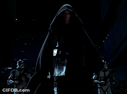 Man In Hooded Cloak With Two Stormtroopers GIF