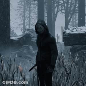 Man In Hooded Jacket Holding Knife In Forest GIF