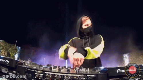 Man In Hooded Jacket Playing Music On Pioneer Mixer GIF
