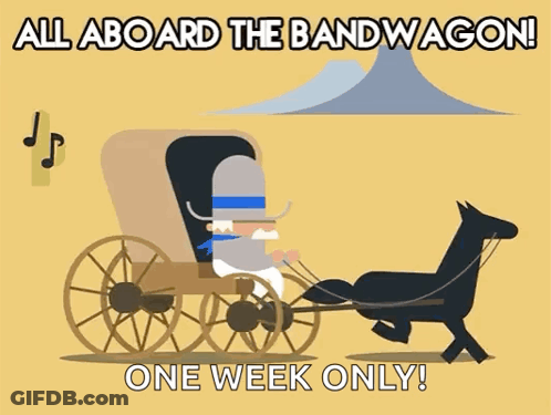 Man In Horse-Drawn Carriage Saying All Aboard Bandwagon GIF