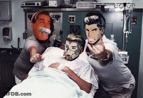Man In Hospital Bed Surrounded By Two Men GIF