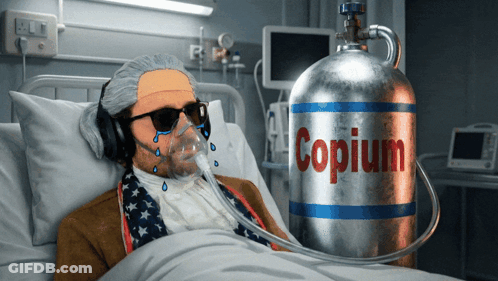 Man In Hospital Bed With Oxygen Mask And Copium Cylinder GIF