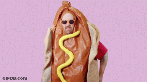 Man In Hot Dog Costume Saying Everybody Shummy GIF