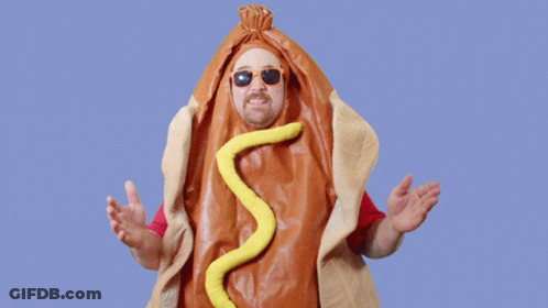 Man In Hot Dog Costume Surrounded By Dollar Bills Saying It's Pay Day GIF