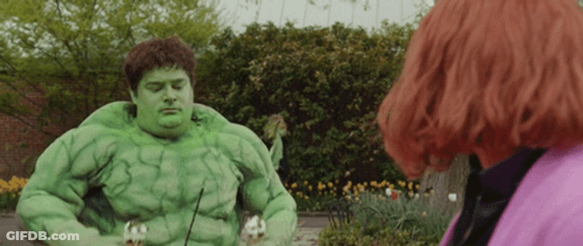 Man In Hulk Costume Holding Ice Cream GIF